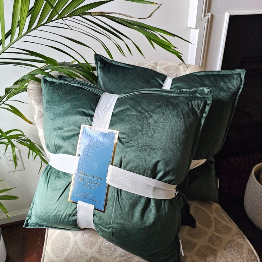 Lillian August Home Set of 4 Feather Filled Velvet Throw Pillows Emerald Green